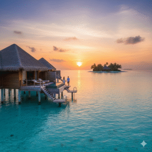 Maldives overwater bungalow at sunset
