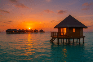 Maldives overwater bungalow at sunset